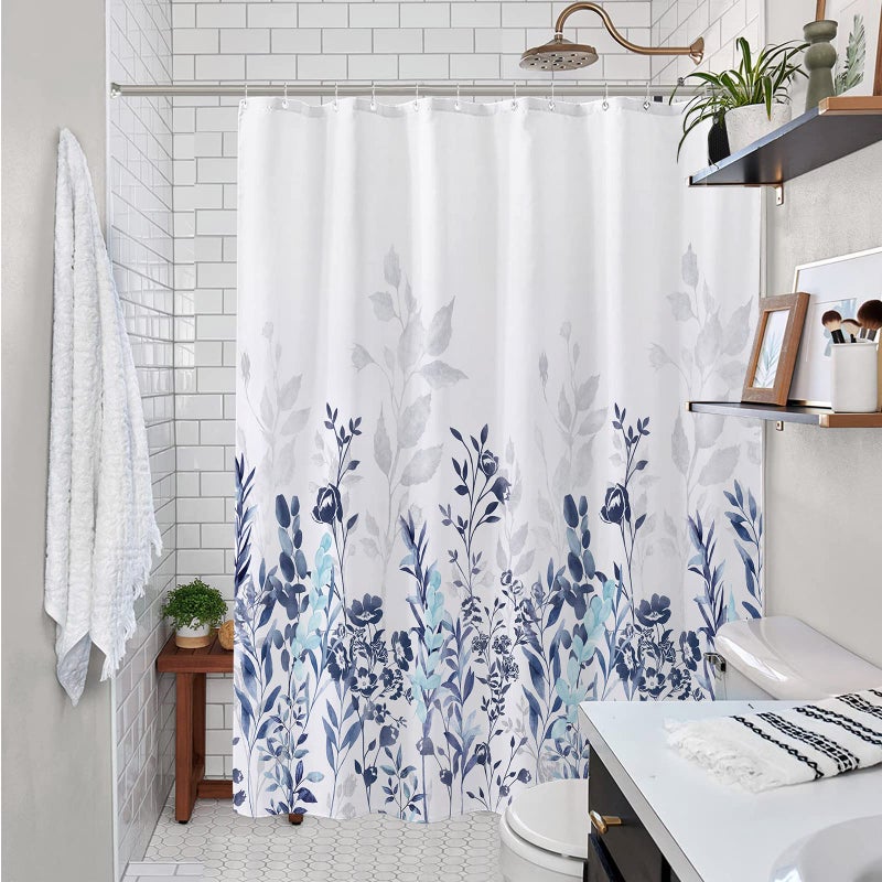 Neasow Blue and Grey Shower Curtain, Watercolor Floral Bathroom Curtain Teal and White 72Ã—72 inches - Image 3